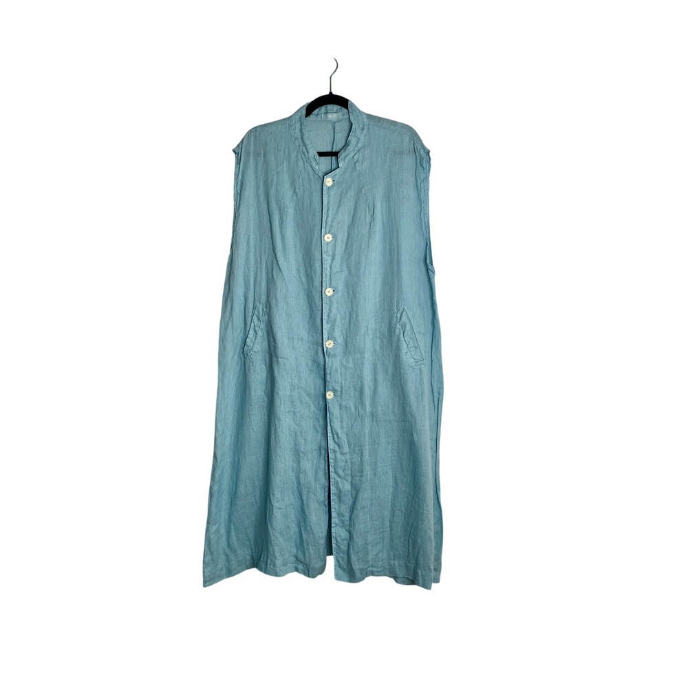 CP Shades 90s Vintage Linen Long Duster Vest Dress Blue Cottagecore Coastal